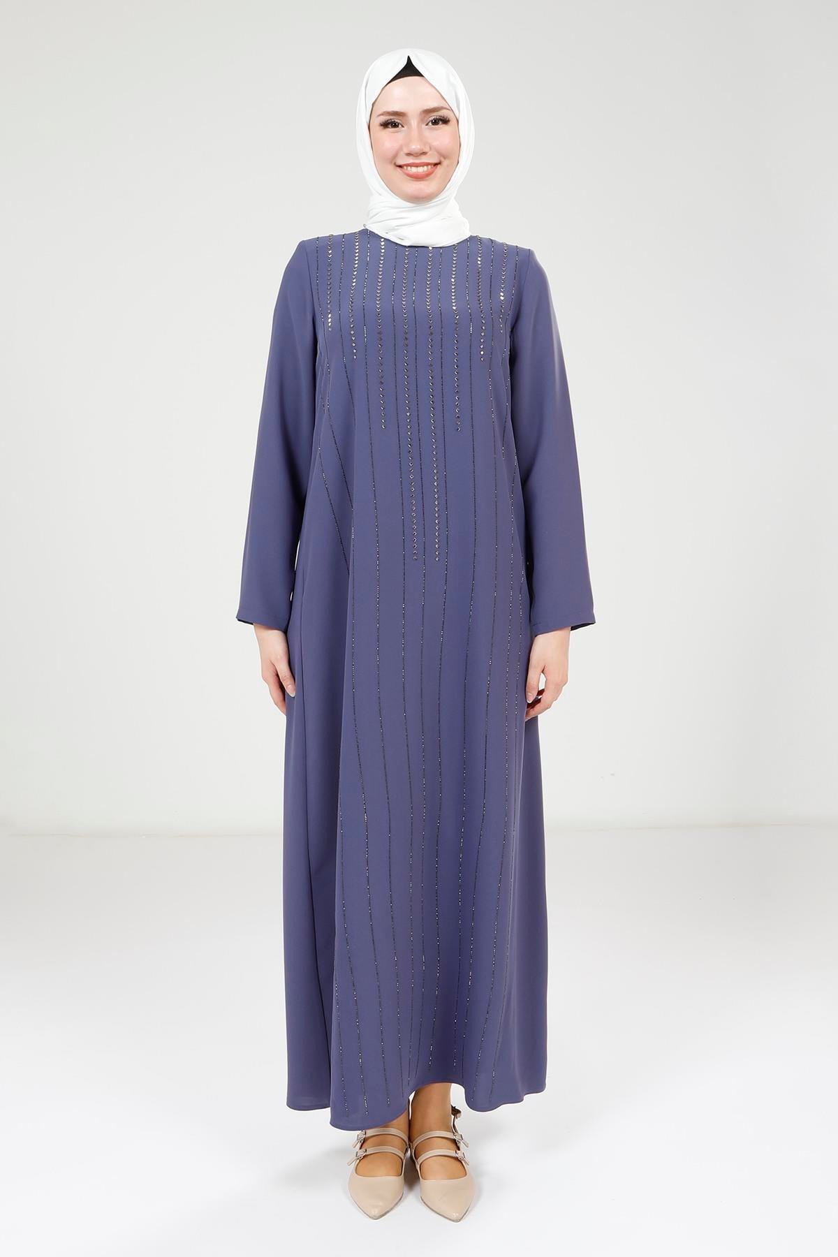 Beyza-Beyza Şerit Taş Detaylı Mor Elbise 9305