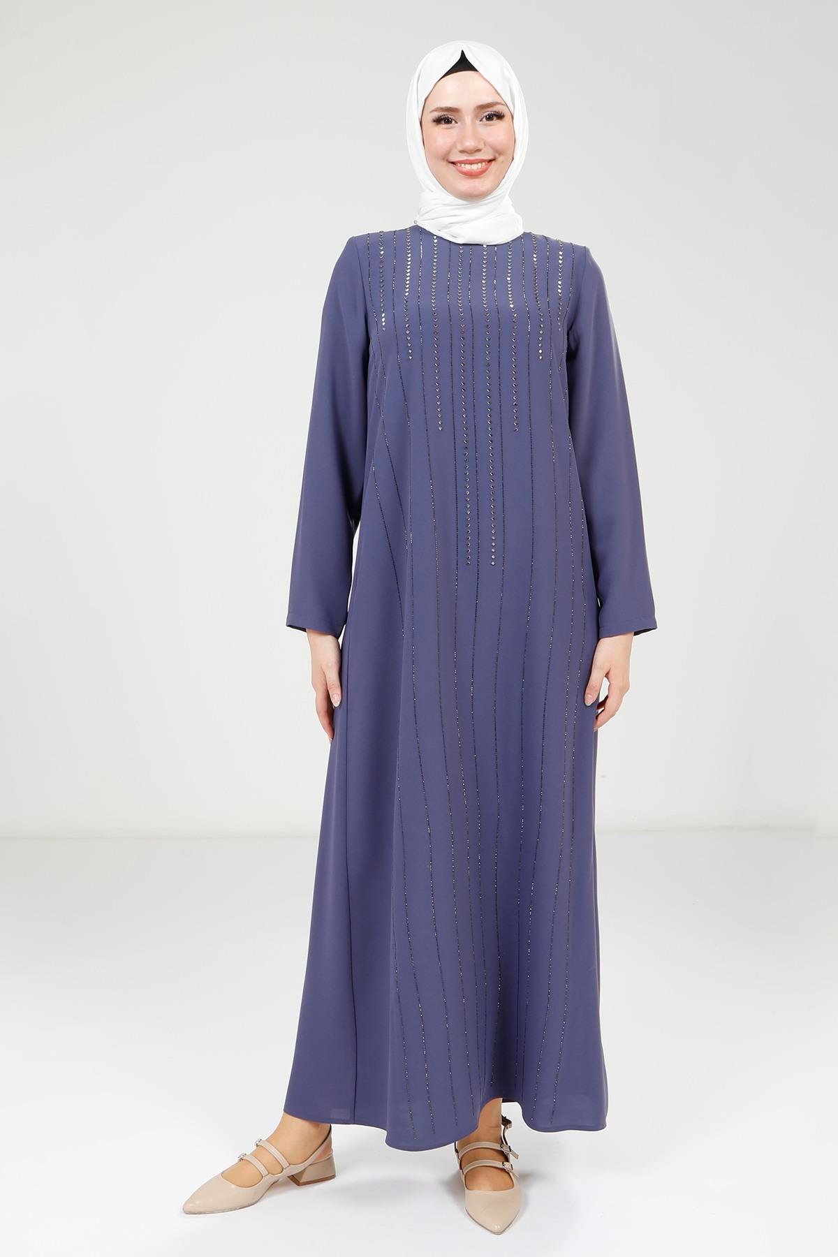 Beyza-Beyza Şerit Taş Detaylı Mor Elbise 9305