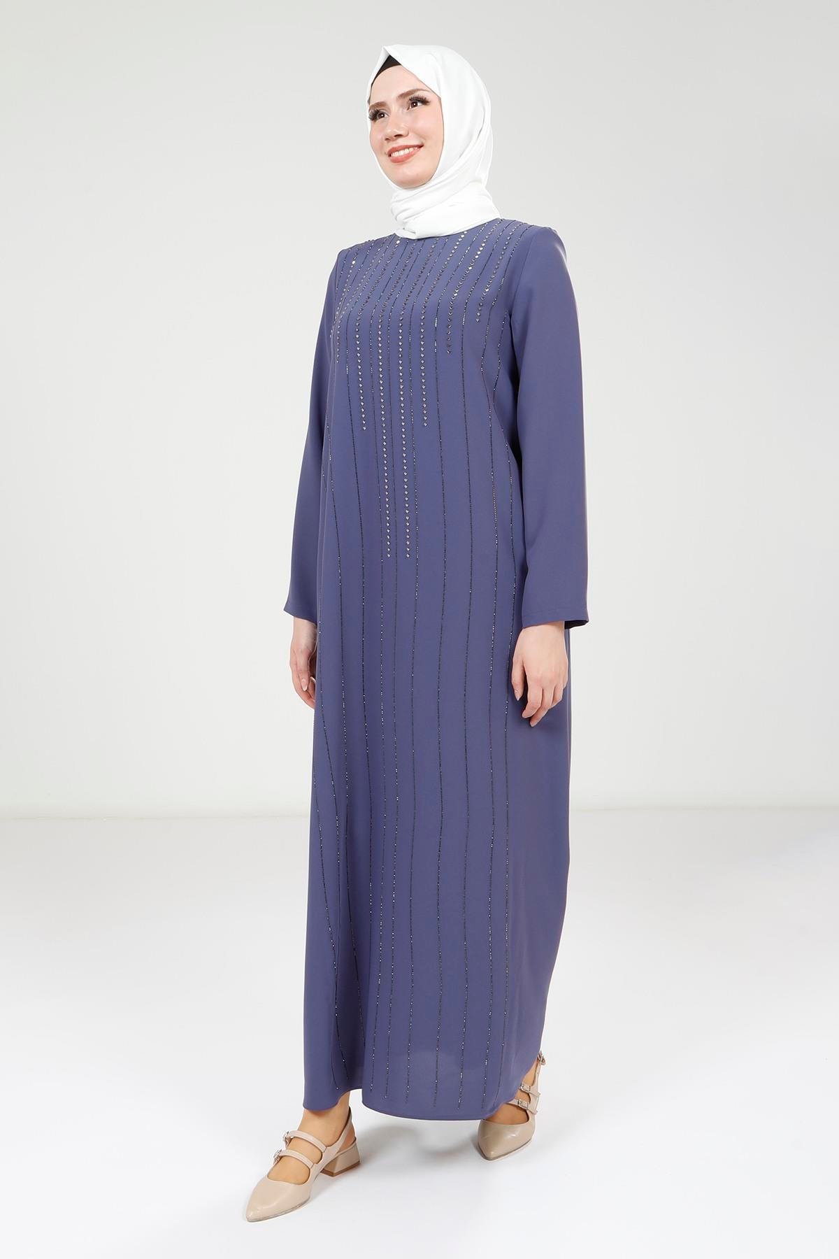 Beyza-Beyza Şerit Taş Detaylı Mor Elbise 9305