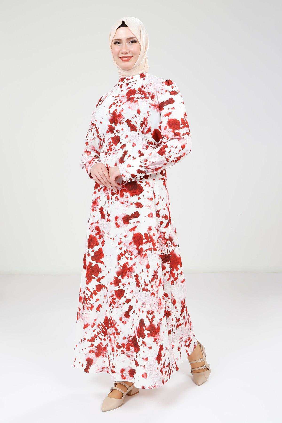 Beyza-Beyza Seyyar Kemerli Baskılı Kırmızı Elbise 9385