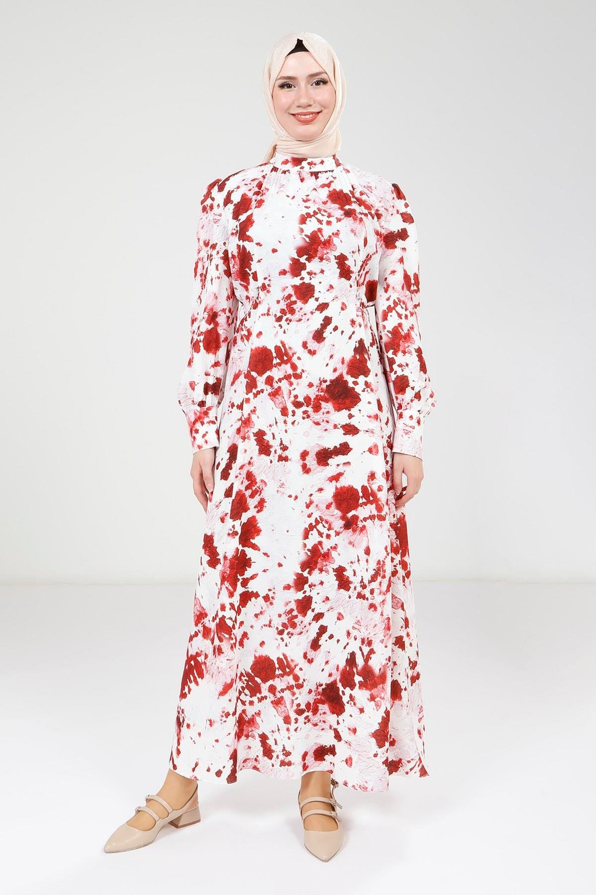 Beyza-Beyza Seyyar Kemerli Baskılı Kırmızı Elbise 9385