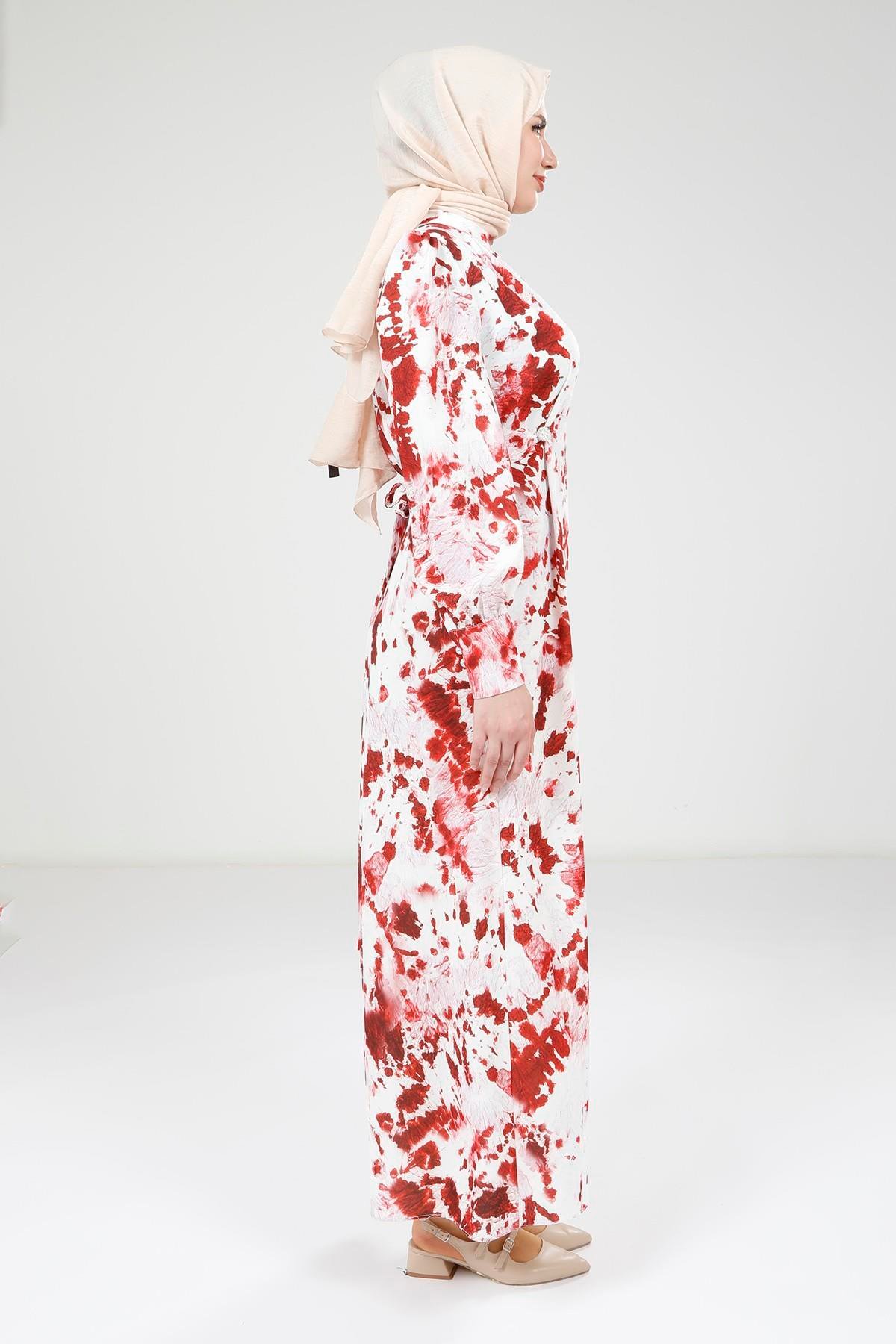 Beyza-Beyza Seyyar Kemerli Baskılı Kırmızı Elbise 9385