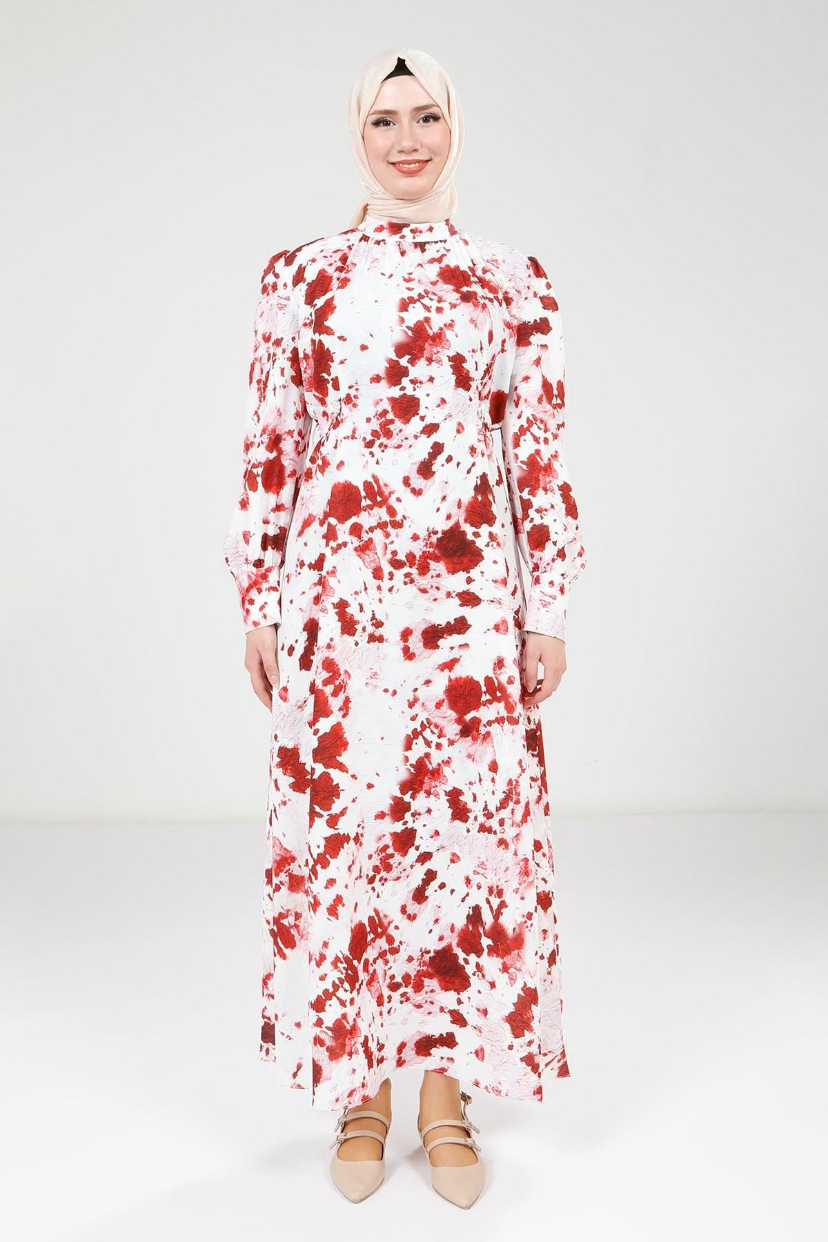 Beyza-Beyza Seyyar Kemerli Baskılı Kırmızı Elbise 9385