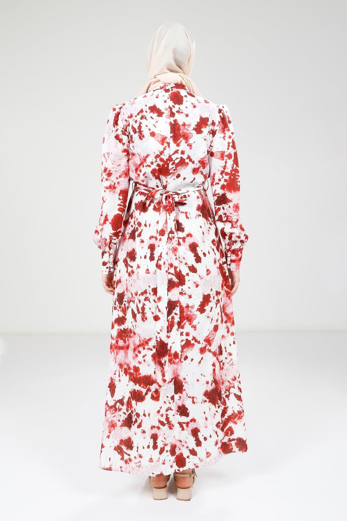 Beyza-Beyza Seyyar Kemerli Baskılı Kırmızı Elbise 9385