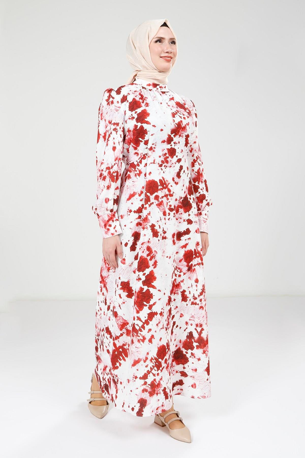 Beyza-Beyza Seyyar Kemerli Baskılı Kırmızı Elbise 9385