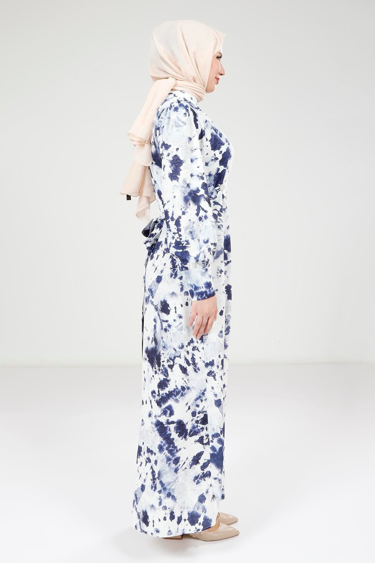 Beyza-Beyza Seyyar Kemerli Baskılı Lacivert Elbise 9385