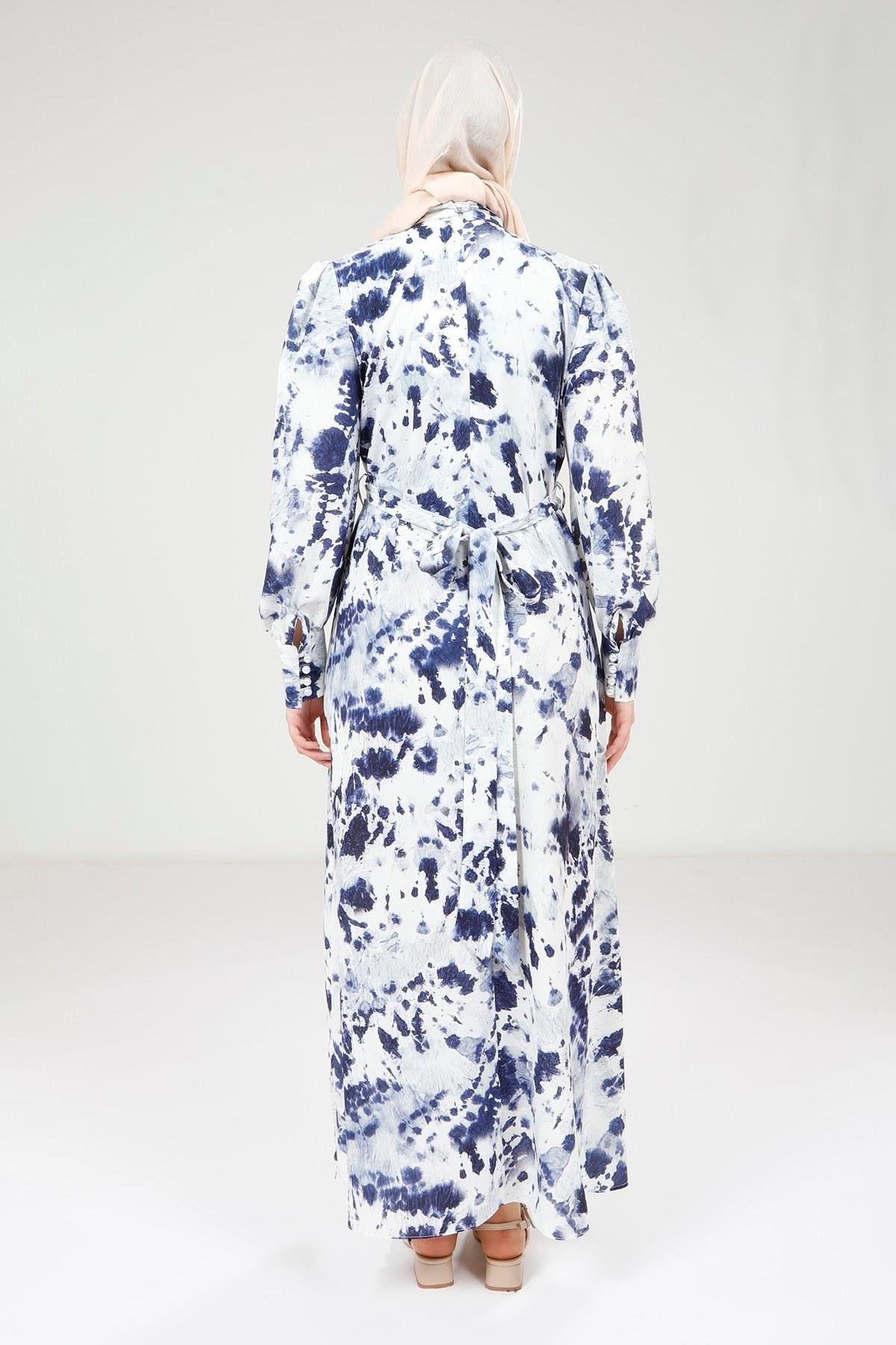 Beyza-Beyza Seyyar Kemerli Baskılı Lacivert Elbise 9385