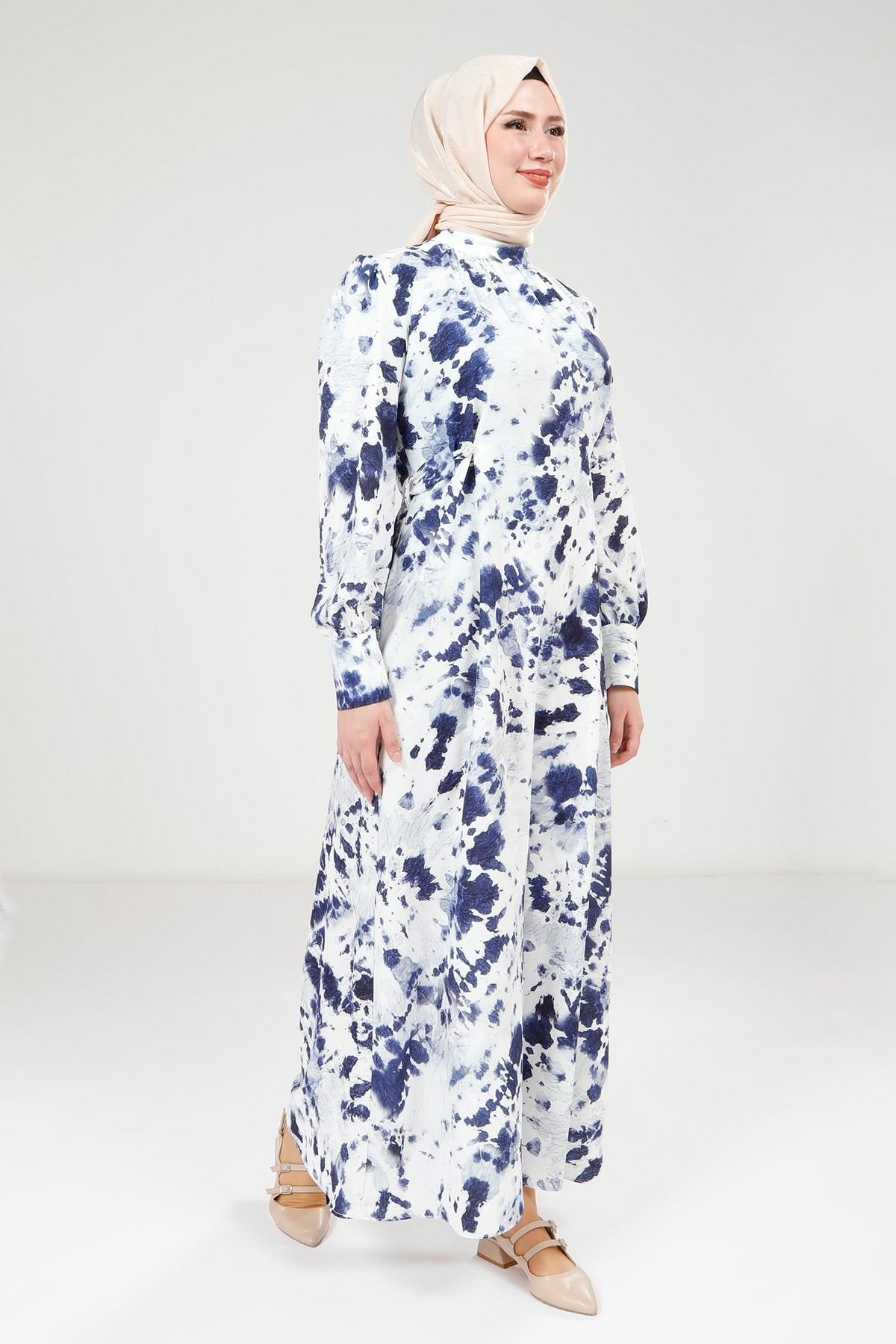 Beyza-Beyza Seyyar Kemerli Baskılı Lacivert Elbise 9385