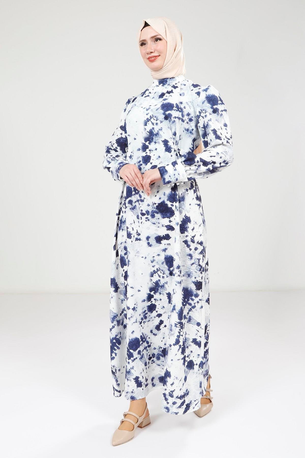 Beyza-Beyza Seyyar Kemerli Baskılı Lacivert Elbise 9385