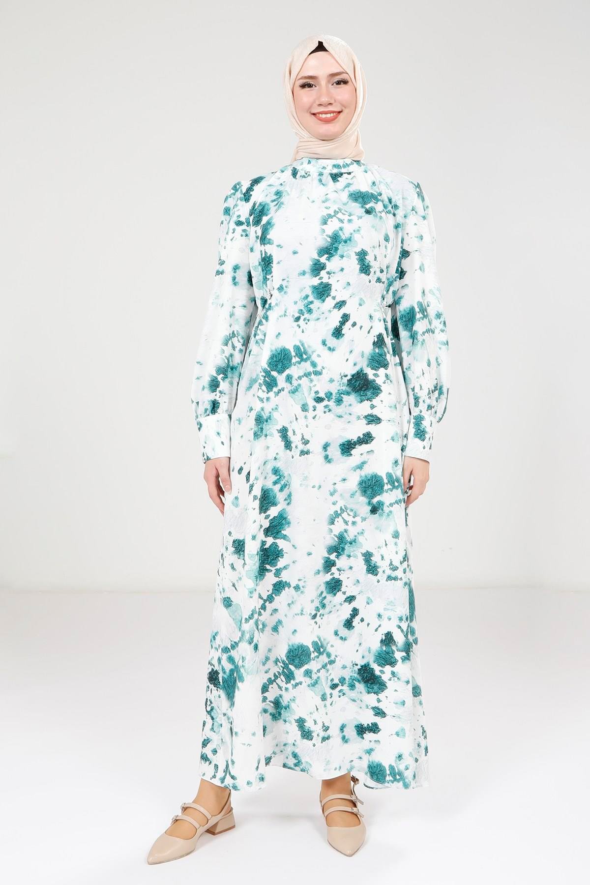 Beyza-Beyza Seyyar Kemerli Baskılı Zümrüt Yeşili Elbise 9385