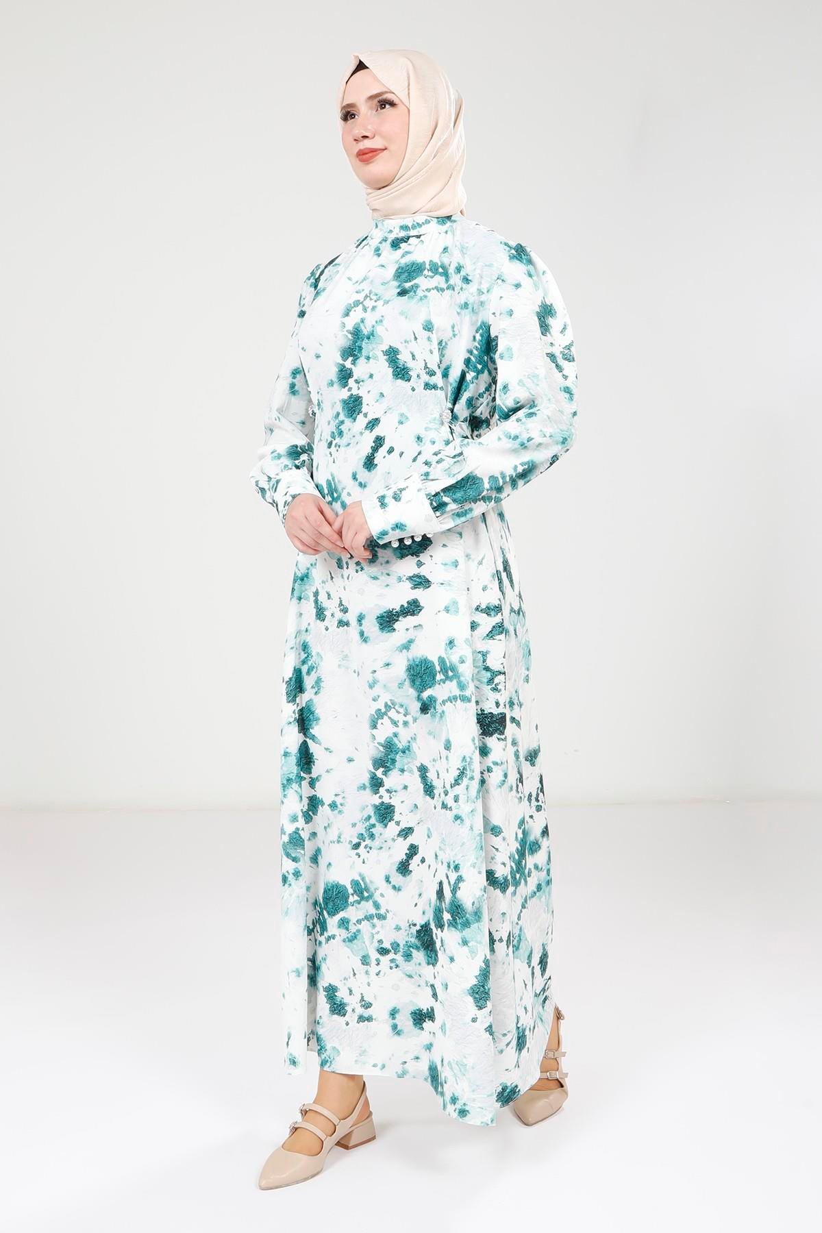 Beyza-Beyza Seyyar Kemerli Baskılı Zümrüt Yeşili Elbise 9385