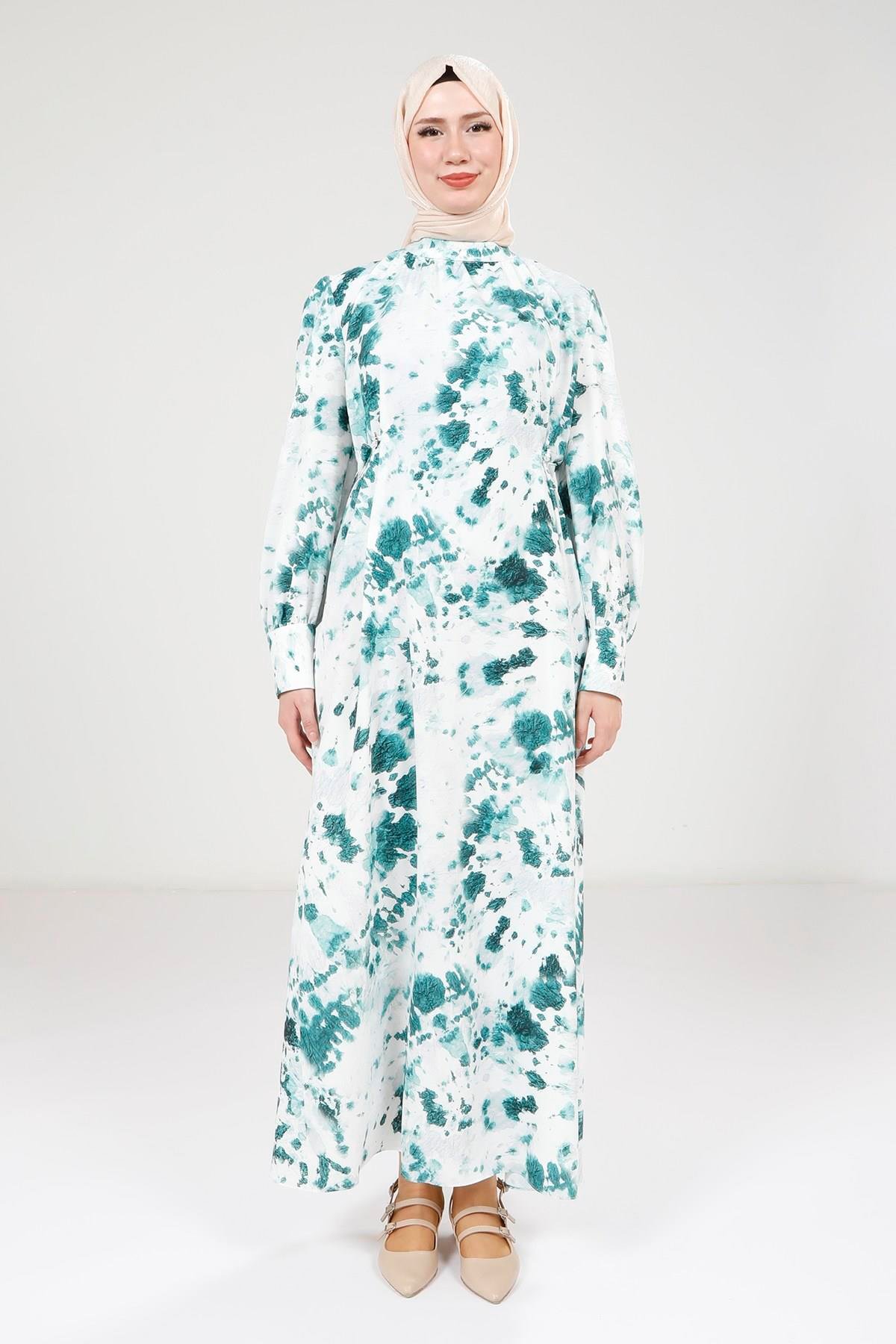 Beyza-Beyza Seyyar Kemerli Baskılı Zümrüt Yeşili Elbise 9385