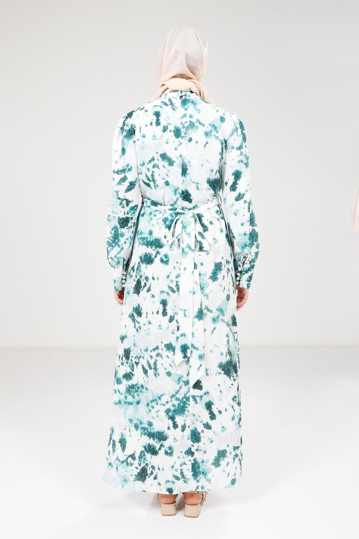 Beyza-Beyza Seyyar Kemerli Baskılı Zümrüt Yeşili Elbise 9385