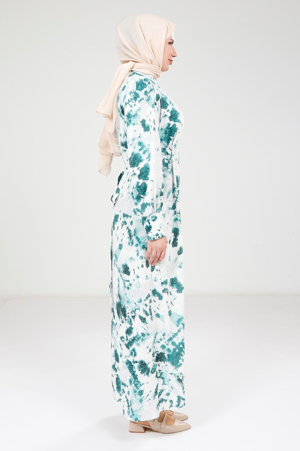 Beyza-Beyza Seyyar Kemerli Baskılı Zümrüt Yeşili Elbise 9385