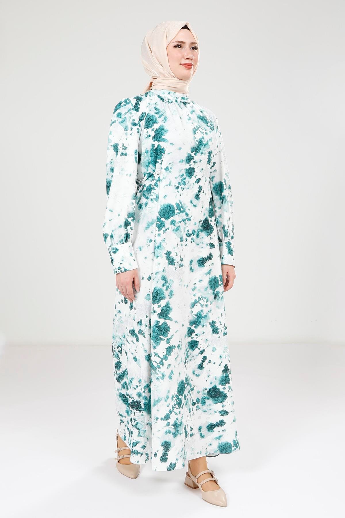 Beyza-Beyza Seyyar Kemerli Baskılı Zümrüt Yeşili Elbise 9385