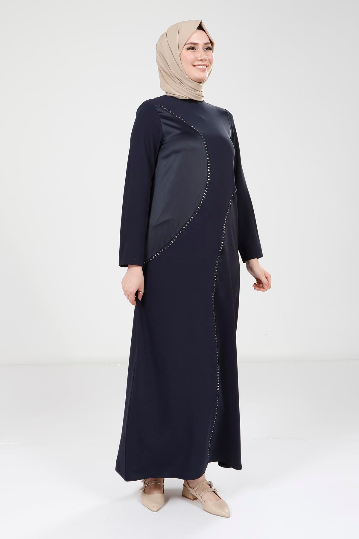 Beyza-9317 ELBİSE SADE TAŞLI LACİVERT