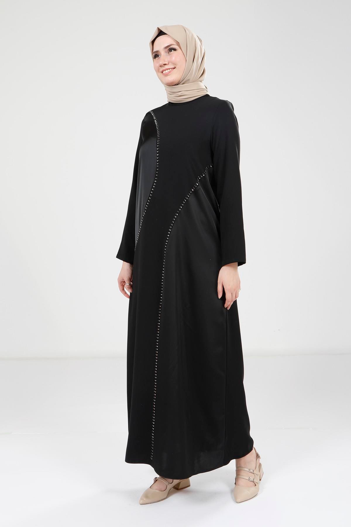 Beyza-9317 ELBİSE SADE TAŞLI SİYAH