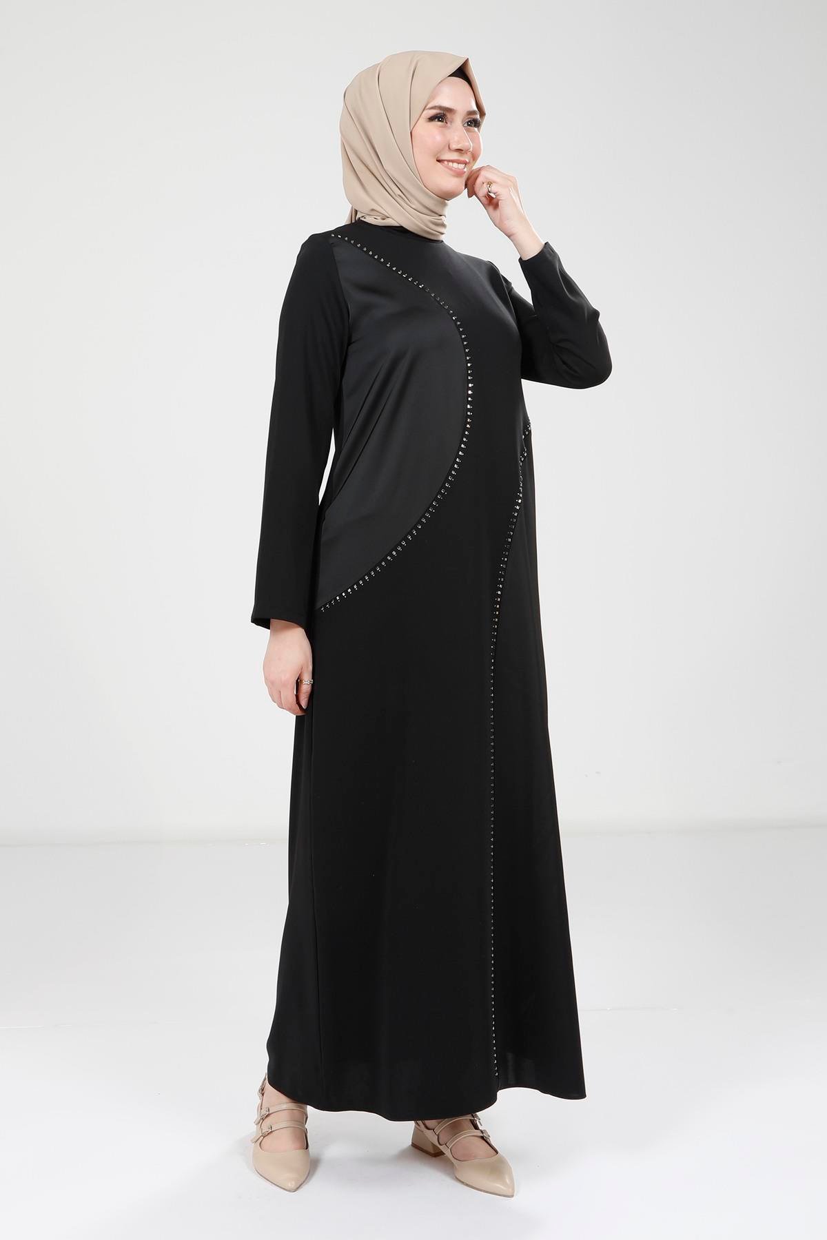 Beyza-9317 ELBİSE SADE TAŞLI SİYAH