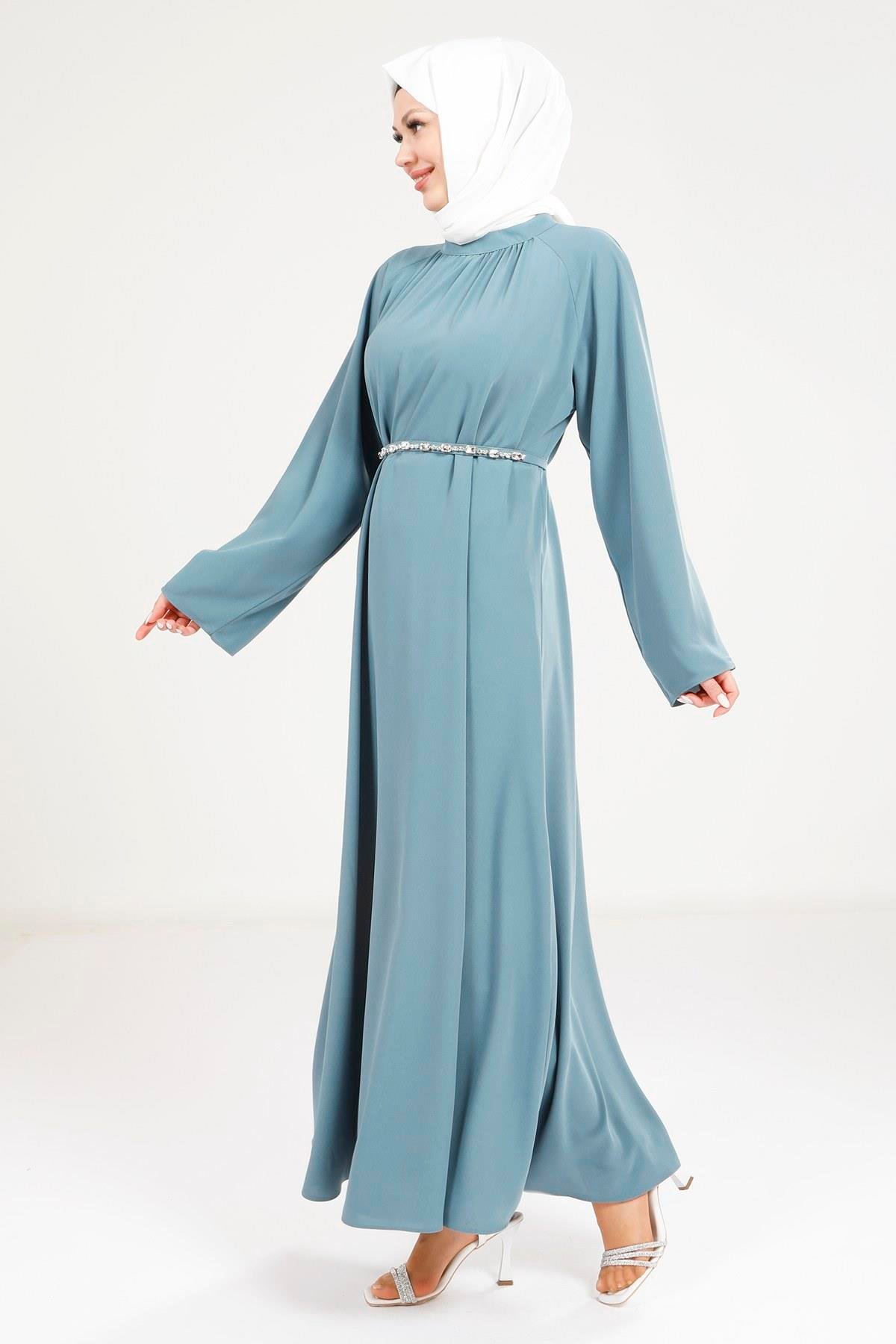 Beyza-9271 ELBİSE TAŞ KEMERLİ İNDİGO