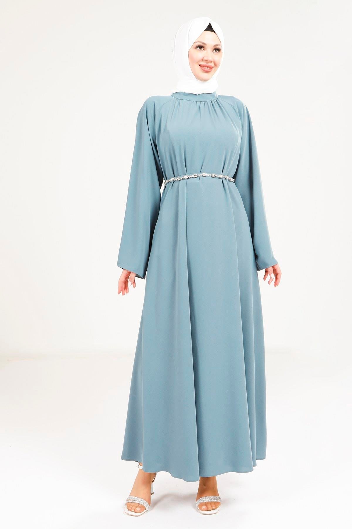 Beyza-9271 ELBİSE TAŞ KEMERLİ İNDİGO
