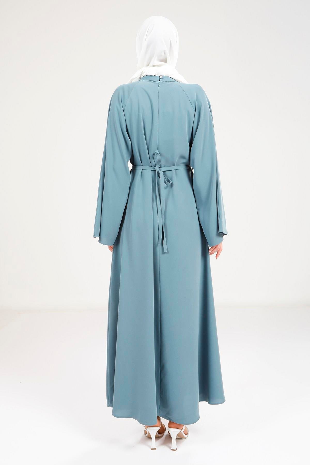 Beyza-9271 ELBİSE TAŞ KEMERLİ İNDİGO