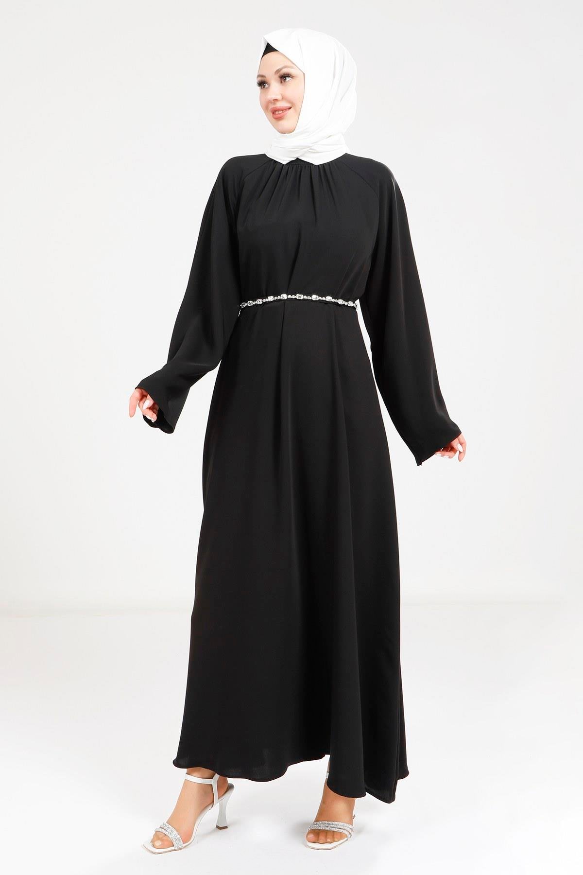 Beyza-9271 ELBİSE TAŞ KEMERLİ SİYAH