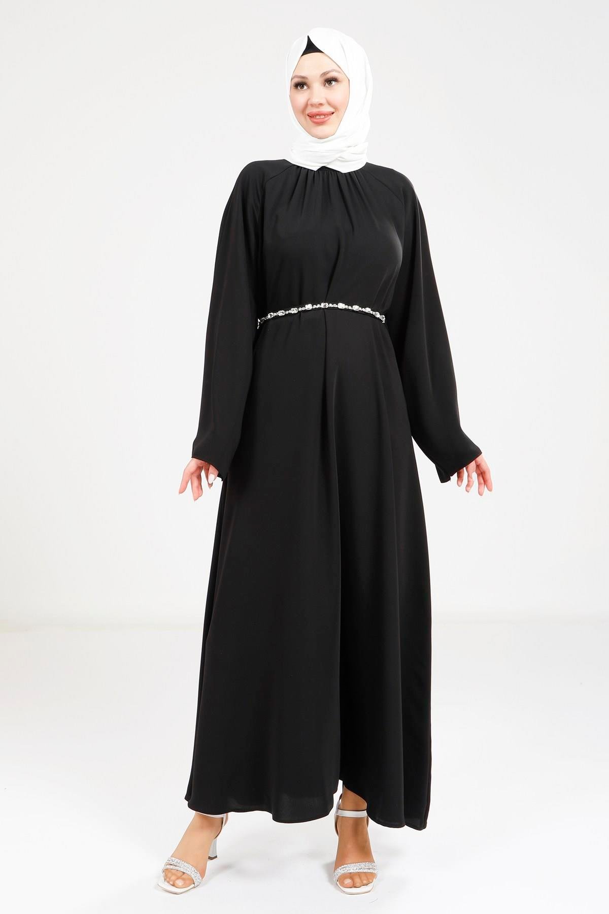 Beyza-9271 ELBİSE TAŞ KEMERLİ SİYAH
