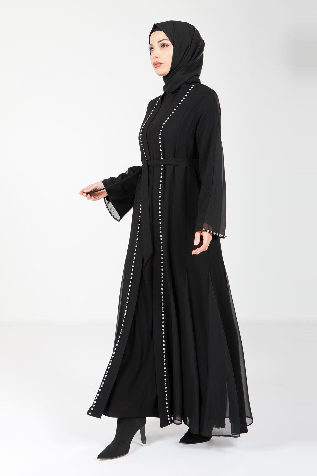 Beyza-3990 ABAYA TAŞLI SİYAH