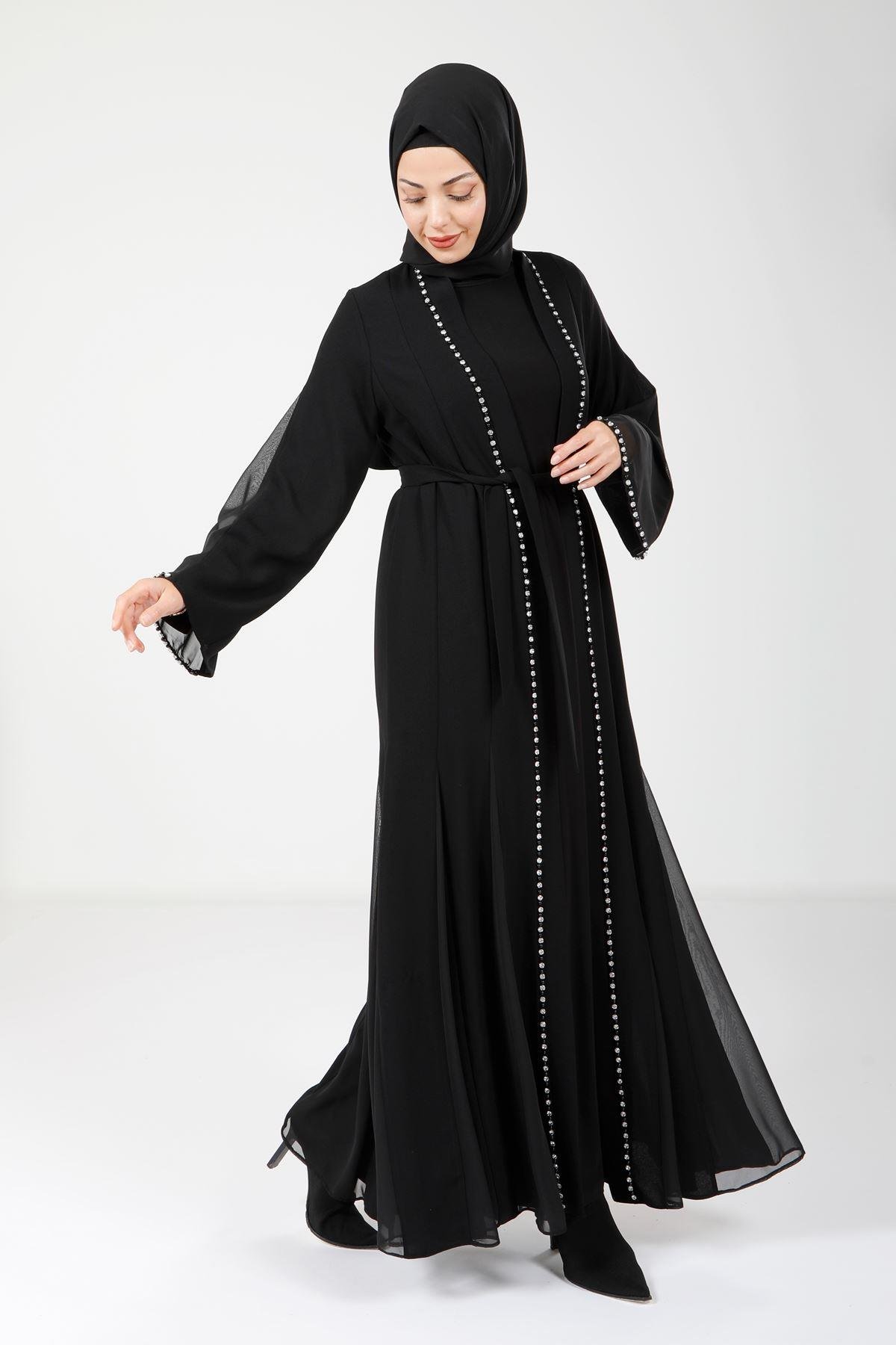 Beyza-3990 ABAYA TAŞLI SİYAH