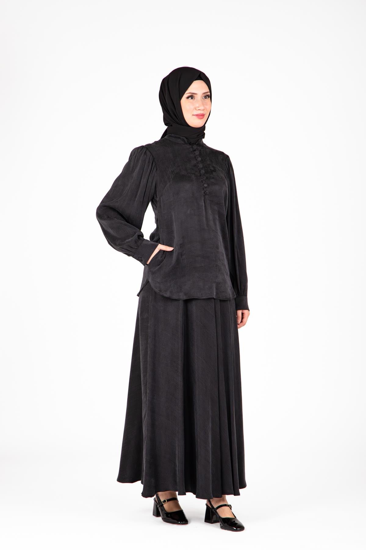 Beyza-9414 İKİLİ TKM ETEK BLUZ 
 SİYAH