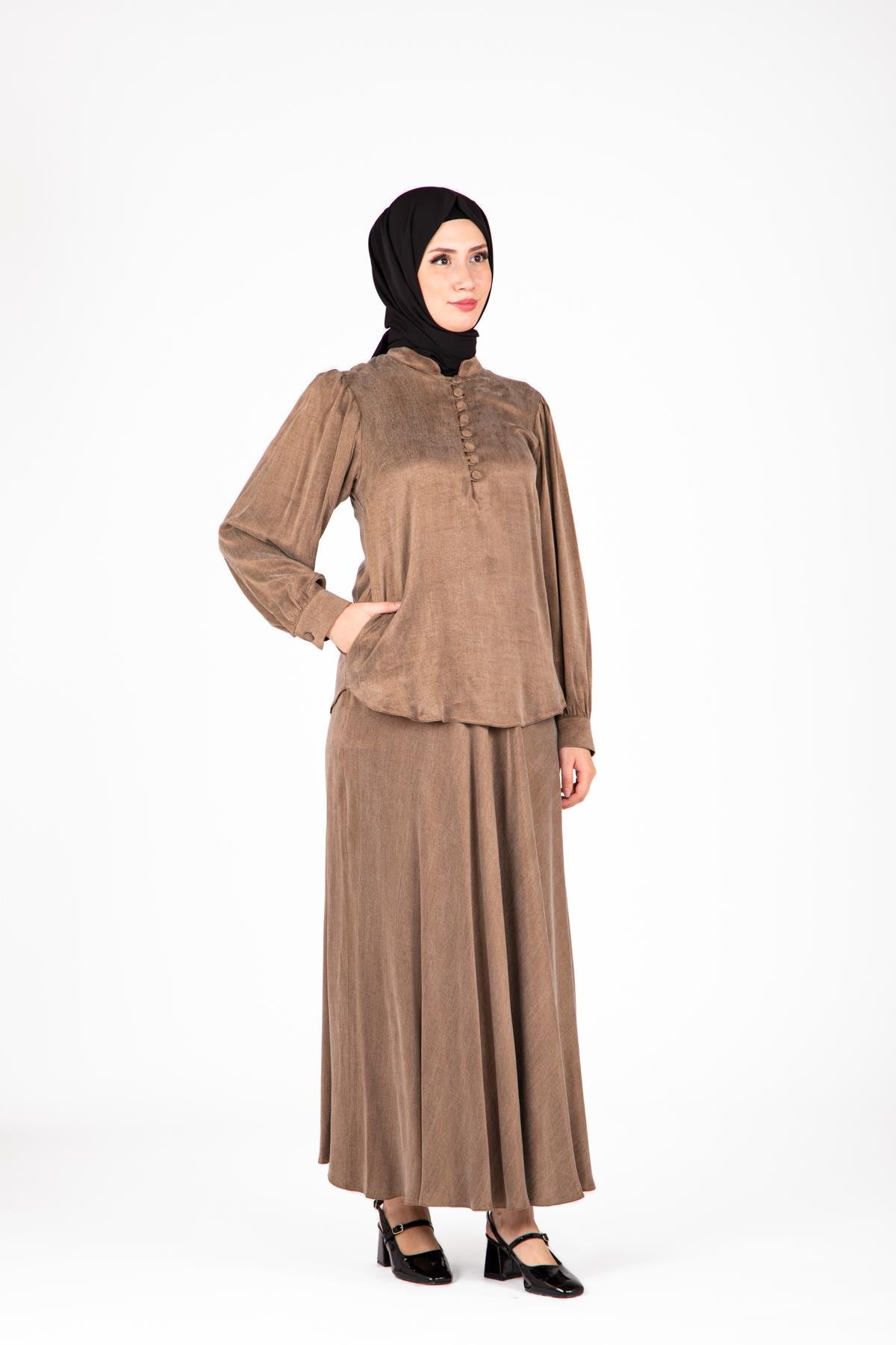 Beyza-9414 İKİLİ TKM ETEK BLUZ 
 VİZON