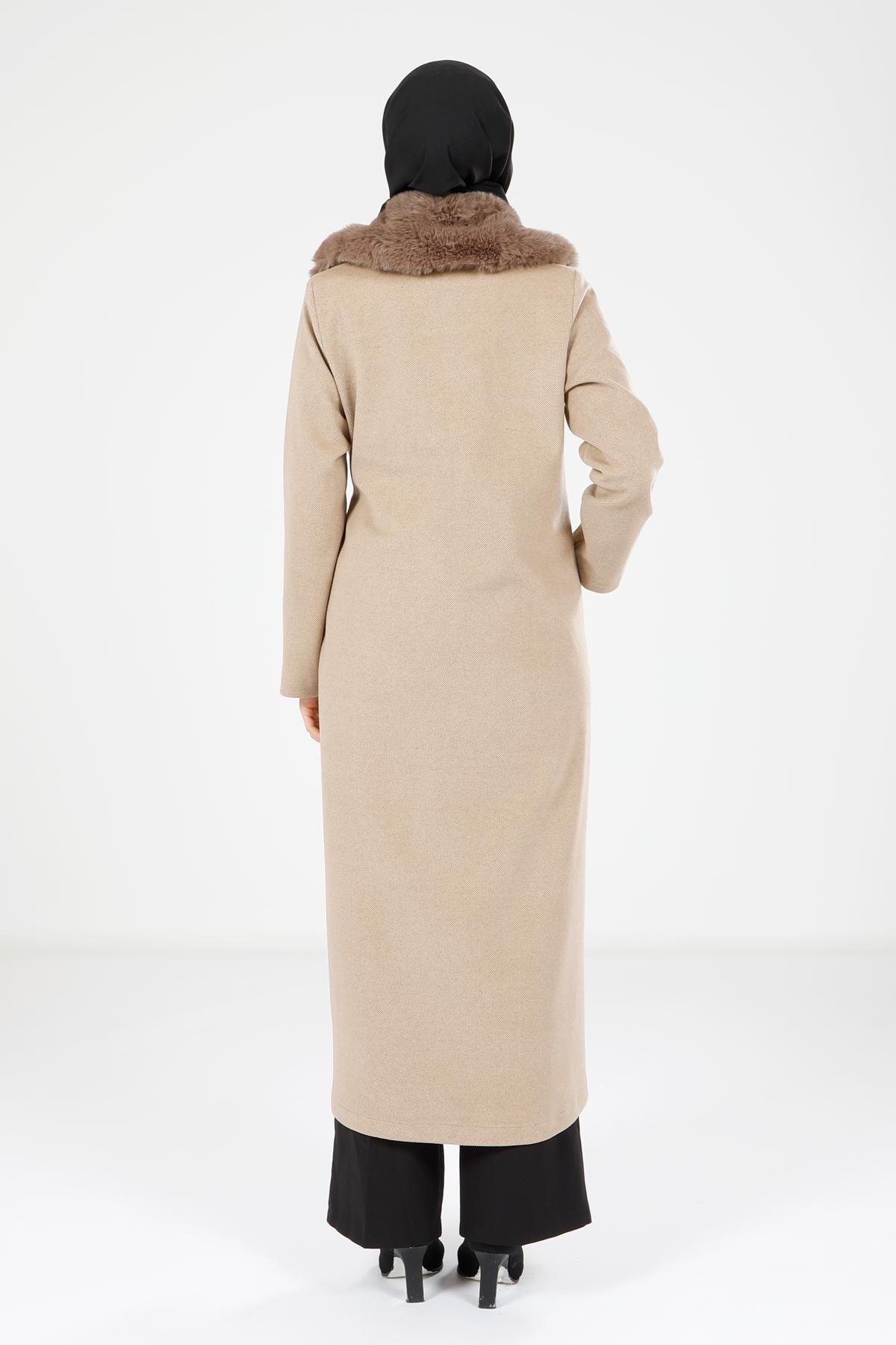Beyza-9151 MANTO KÜRKLÜ YAKA BEJ