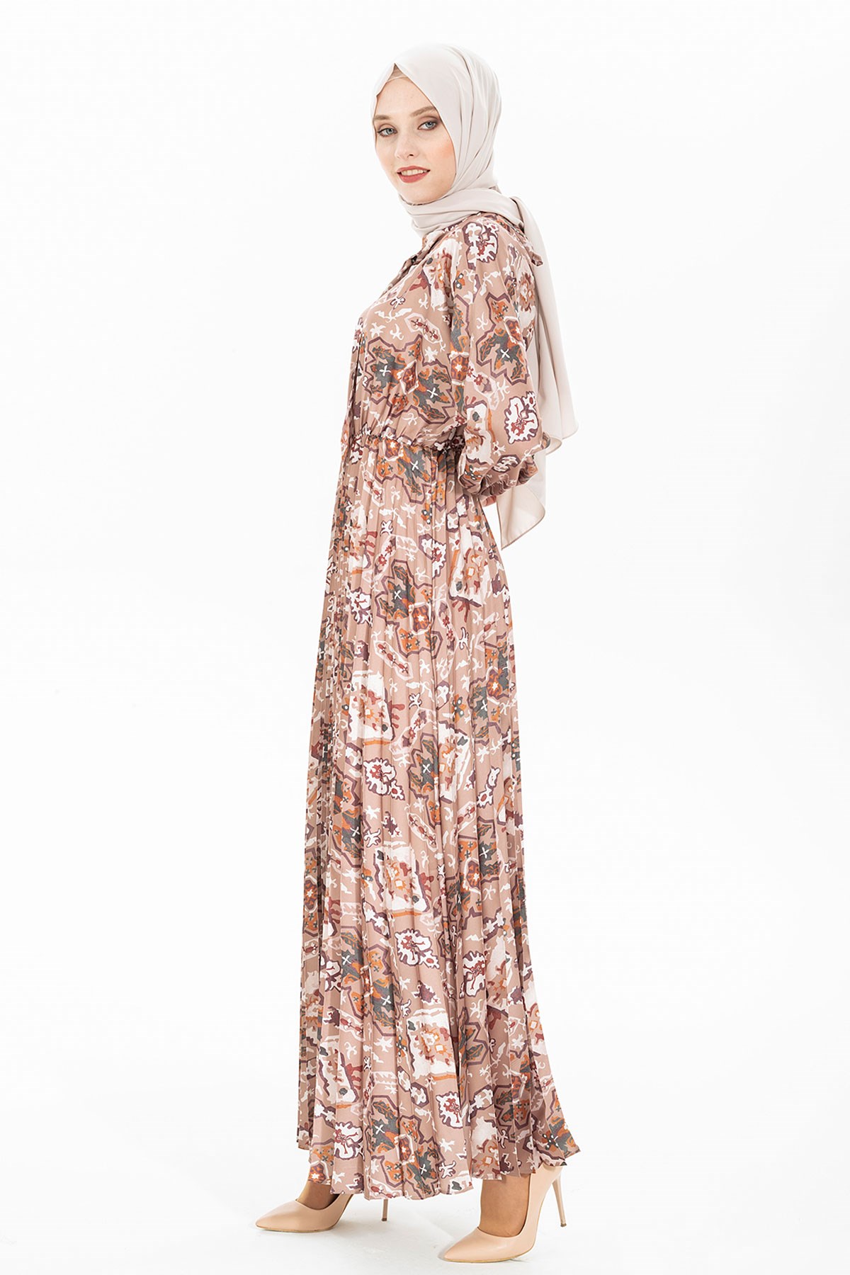 Beyza-BÜKLÜM DESENLİ ELBİSE KAHVE DESENLİ