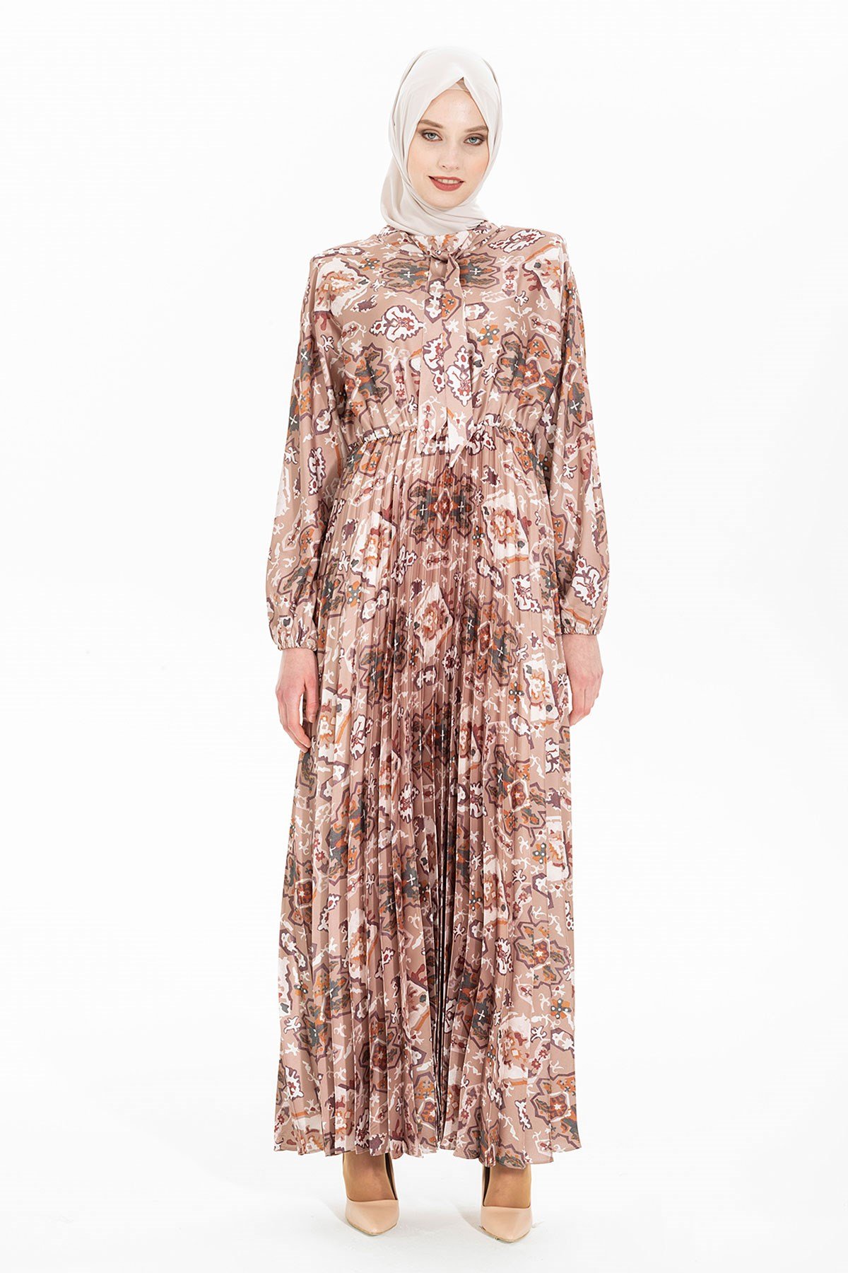 Beyza-BÜKLÜM DESENLİ ELBİSE KAHVE DESENLİ