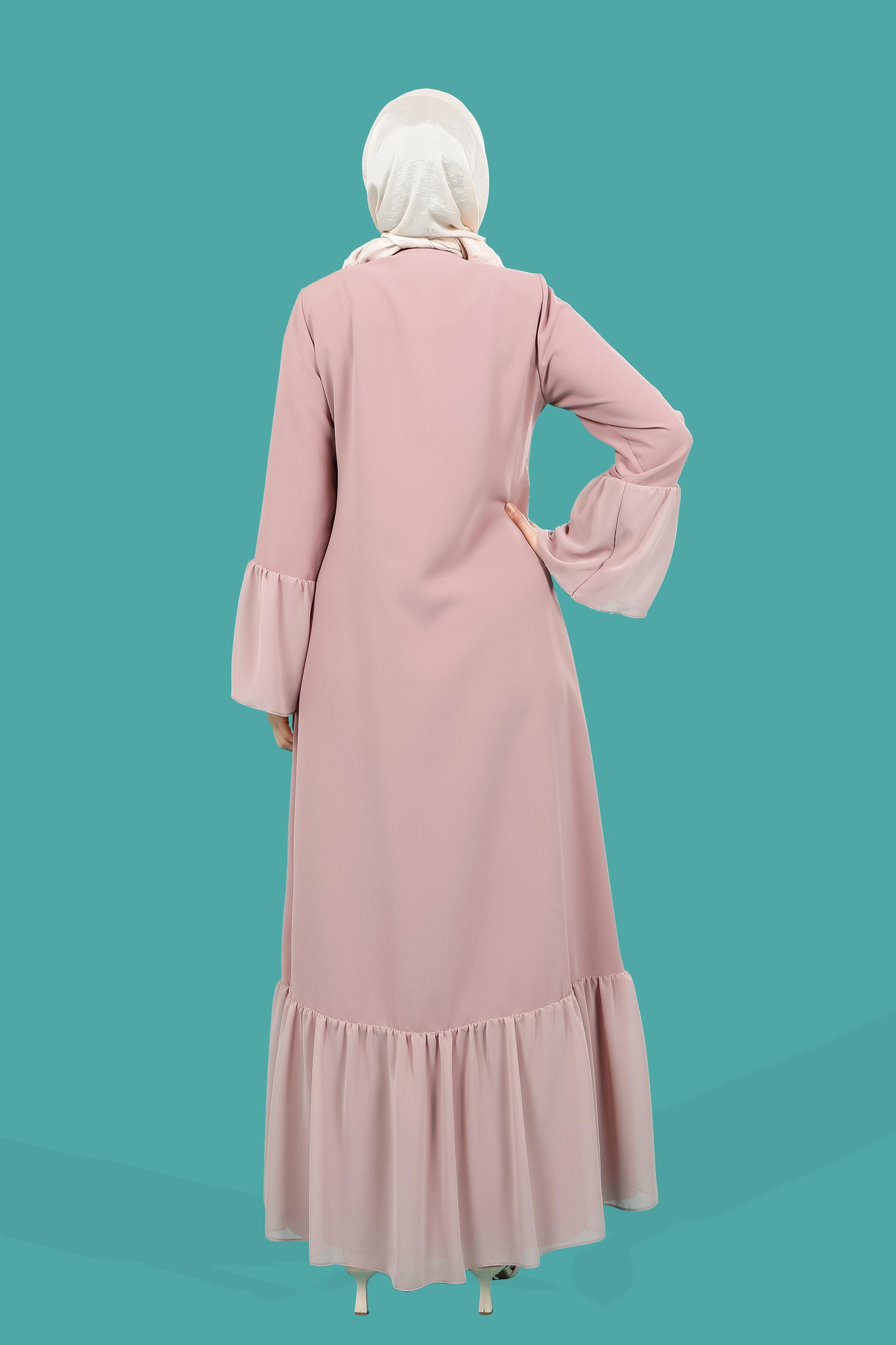 Beyza-عباءة باللون الوردي الفاتح بأزرار ومرصعة بالأحجار الكريمة 3M007