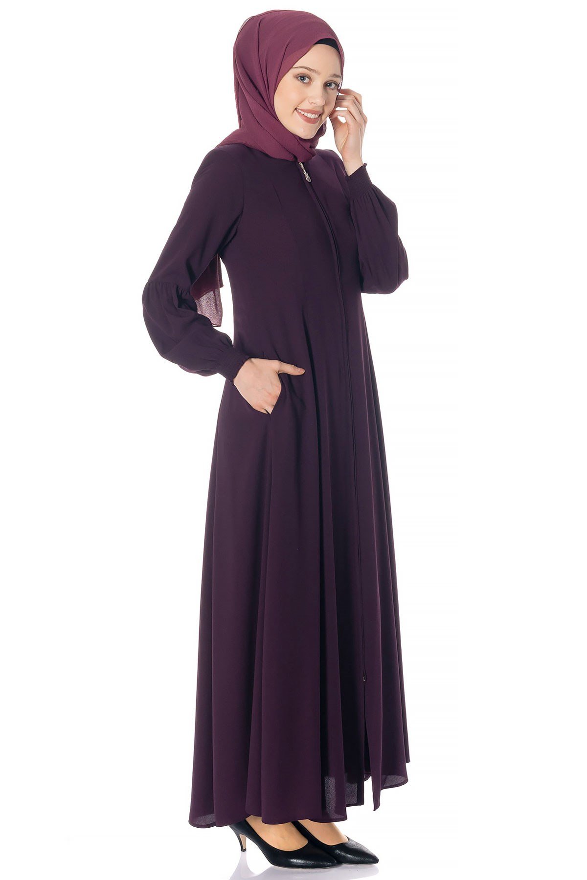 Beyza-عباءة باللون الأرجواني الداكن واسعة بسحّاب