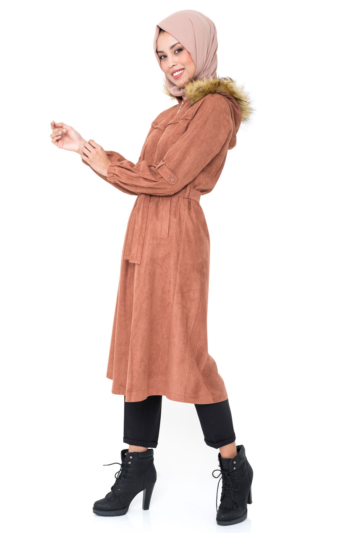 Beyza-Manteau à la cannelle avec fermeture éclair et ceinture