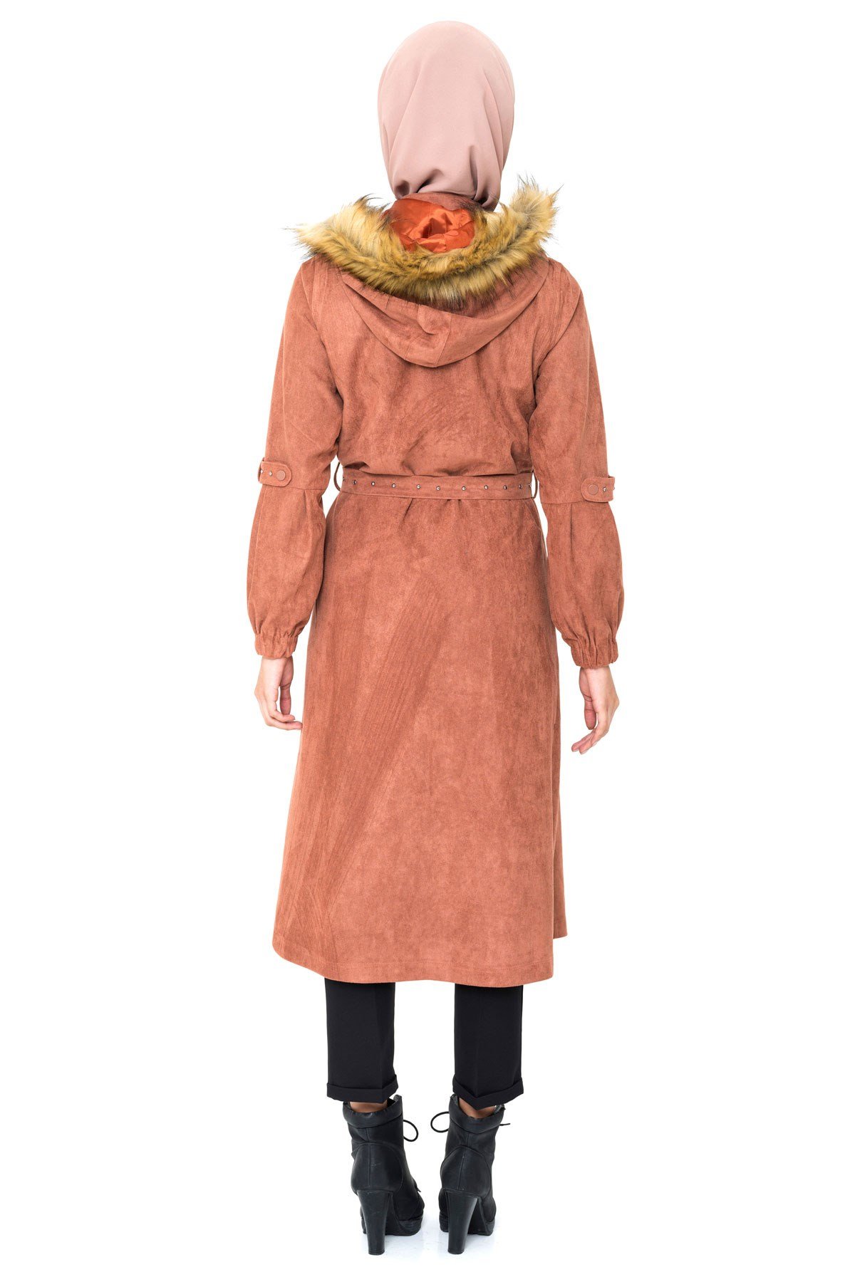 Beyza-Manteau à la cannelle avec fermeture éclair et ceinture