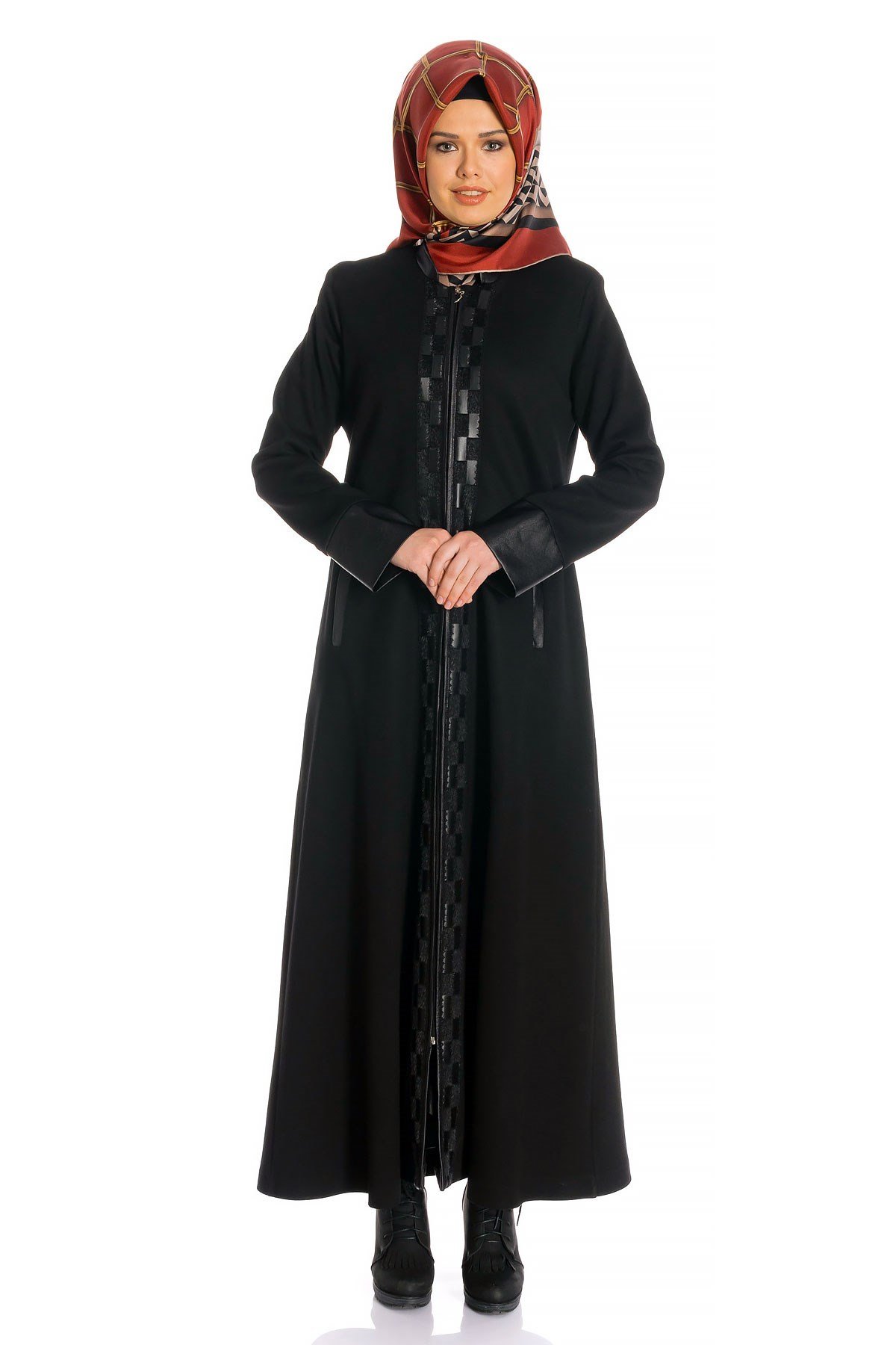 Beyza-Fermuarlı Siyah Uzun Kaşe Kaban 798