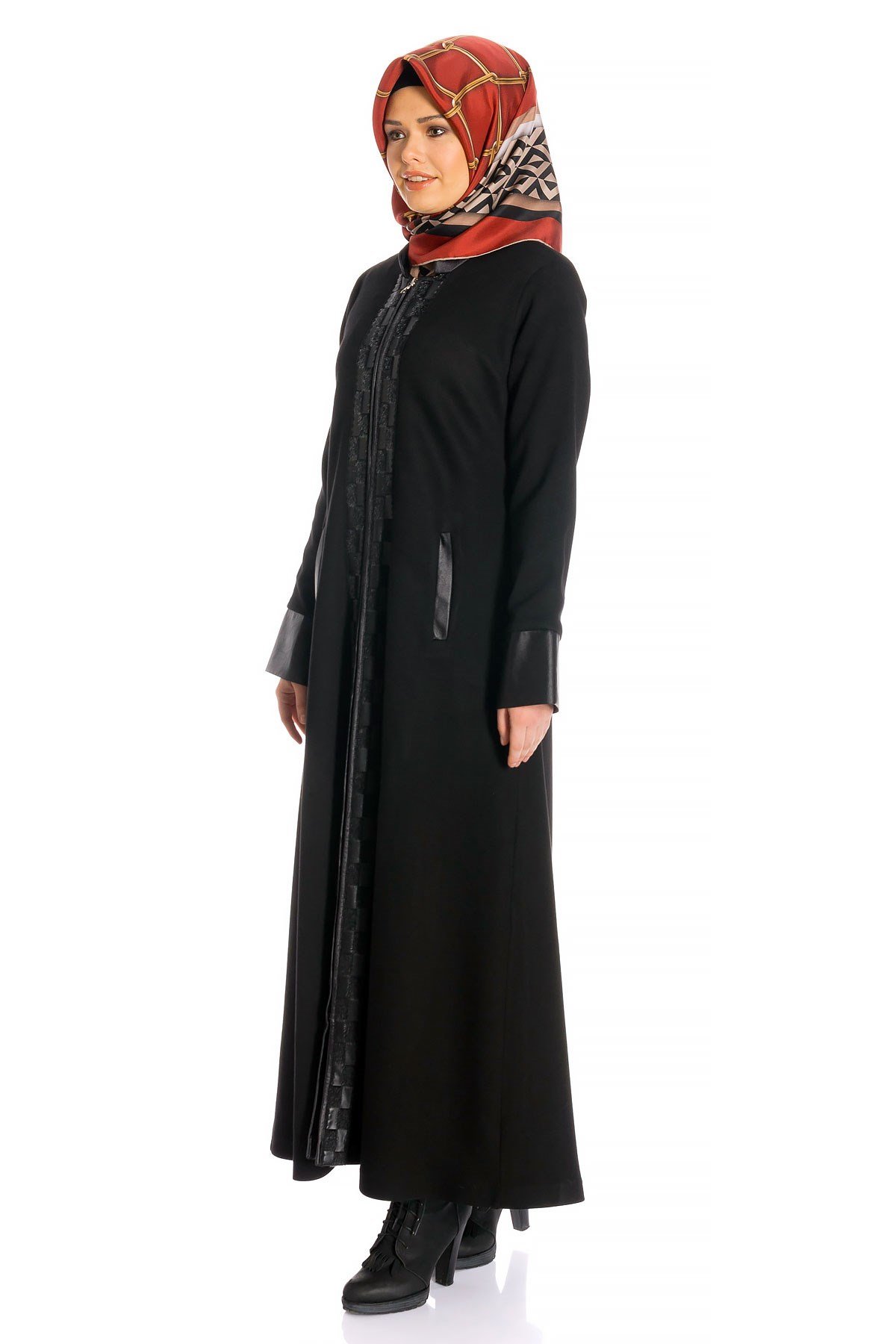 Beyza-Fermuarlı Siyah Uzun Kaşe Kaban 798