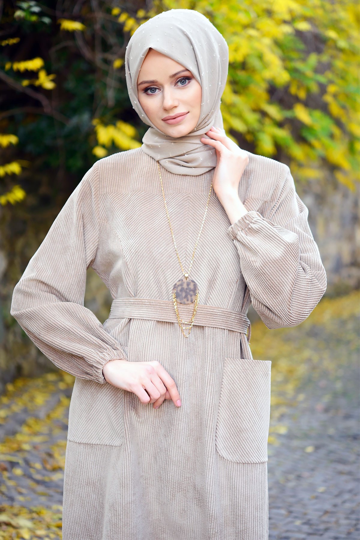 Beyza-Corduroy Mink Winter Dress 3M5107