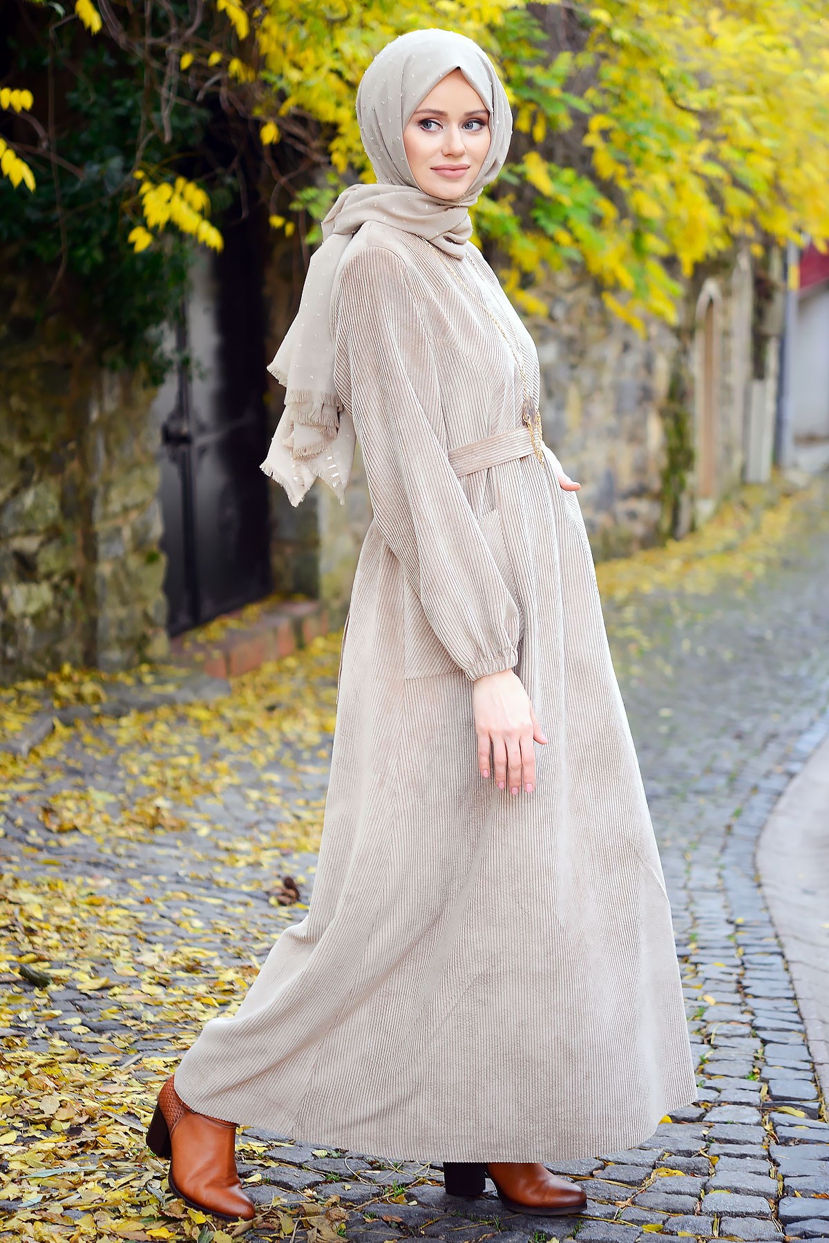 Beyza-Corduroy Mink Winter Dress 3M5107