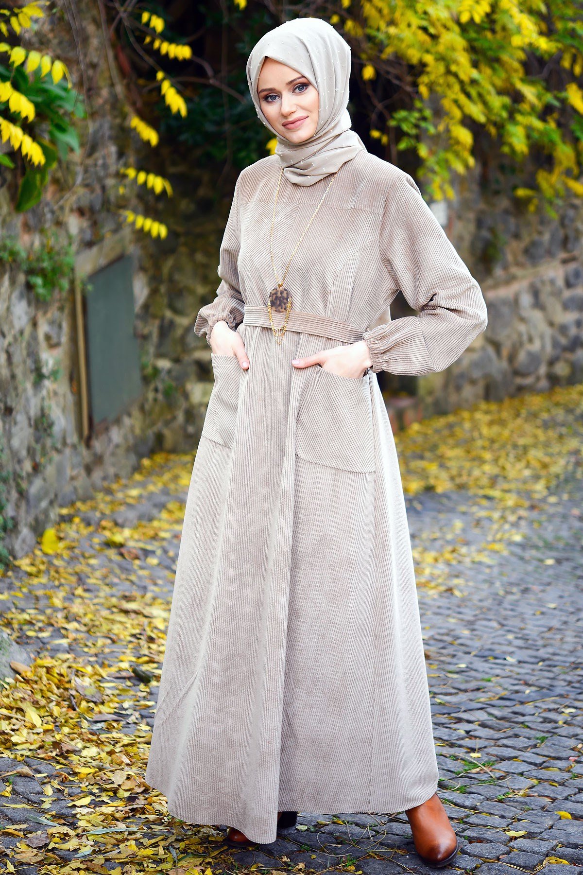 Beyza-Corduroy Mink Winter Dress 3M5107