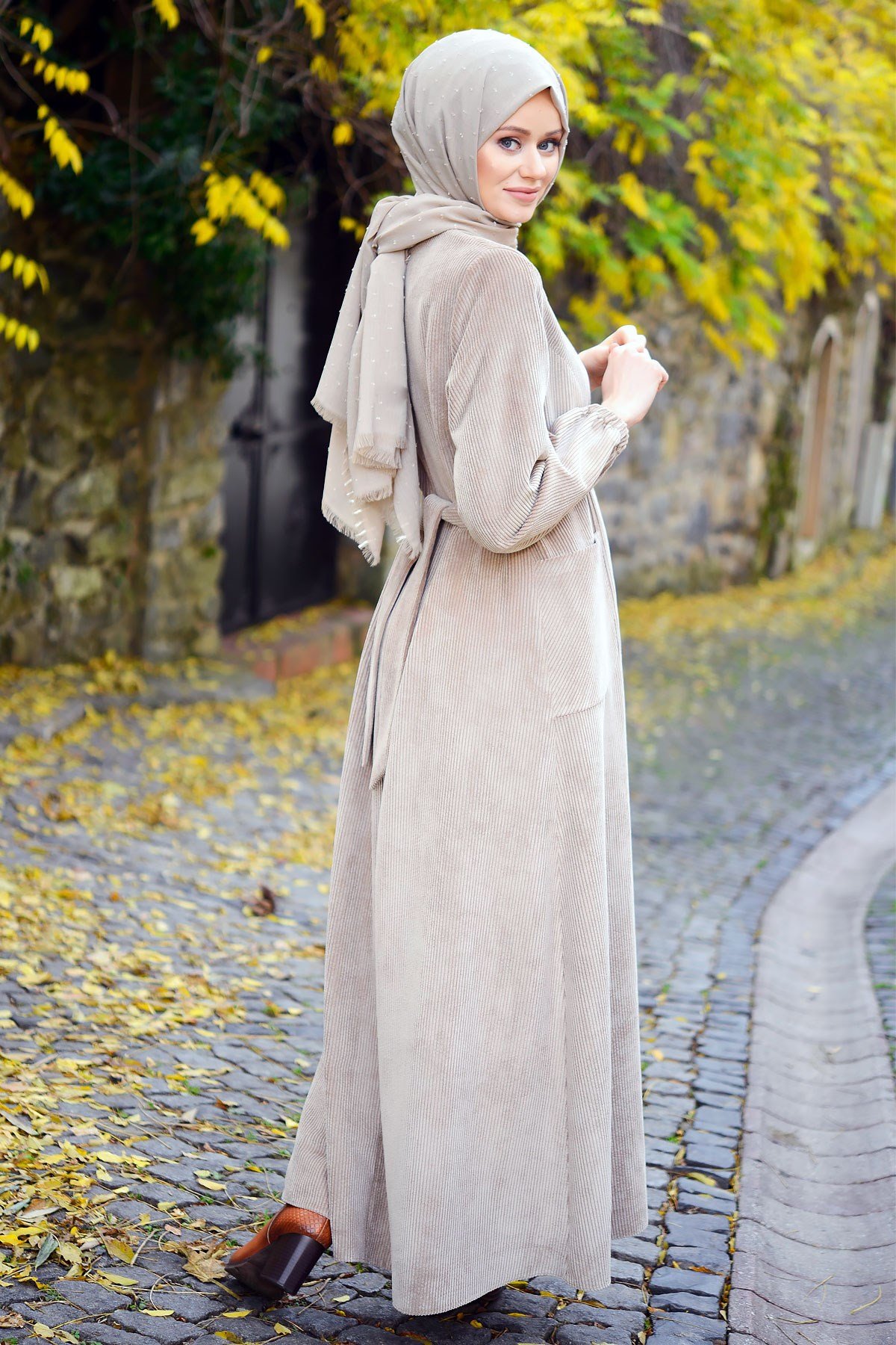 Beyza-Corduroy Mink Winter Dress 3M5107