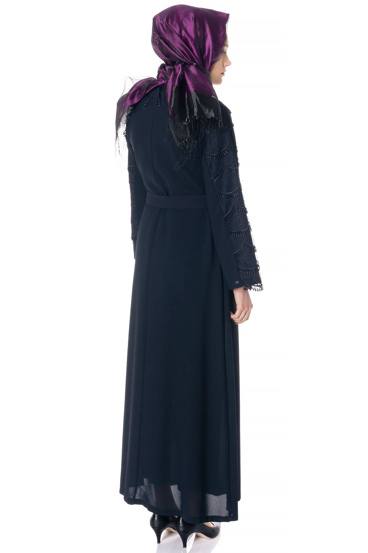 Beyza-عباءة كحلية بدانتيل وسحّاب مخفي