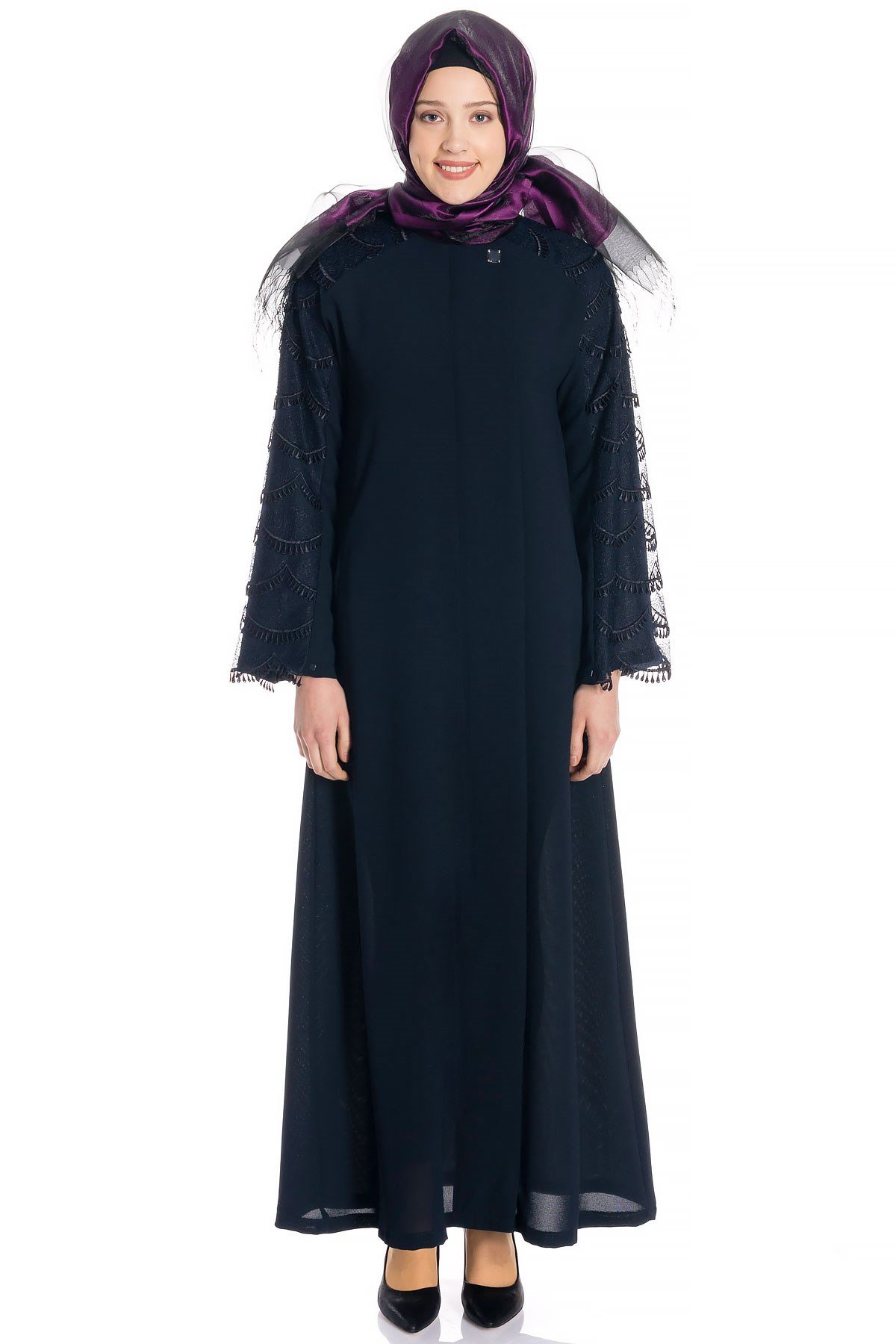 Beyza-عباءة كحلية بدانتيل وسحّاب مخفي