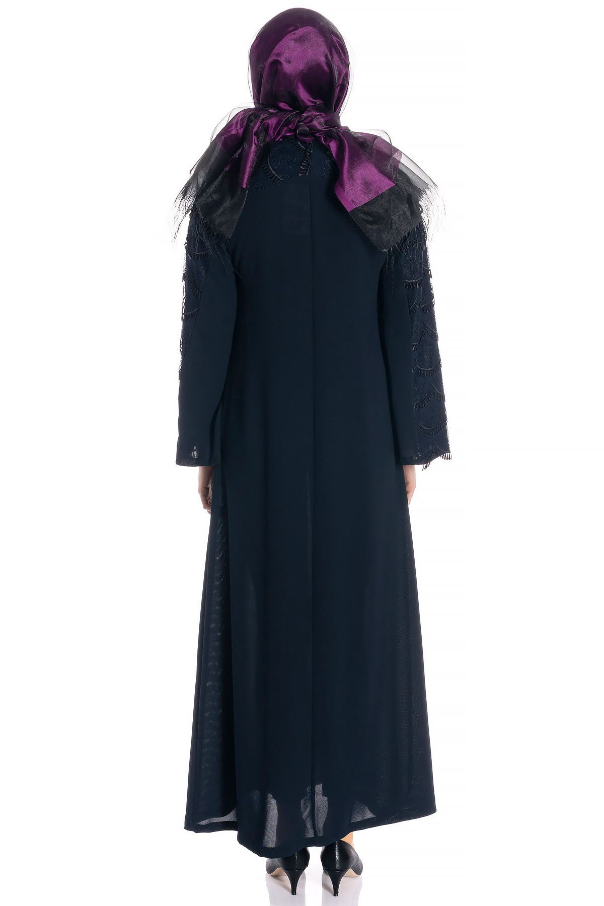 Beyza-عباءة كحلية بدانتيل وسحّاب مخفي