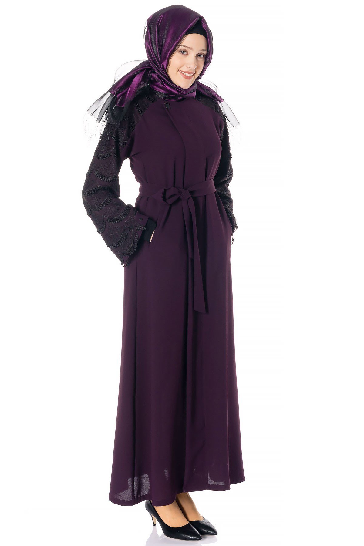 Beyza-عباءة أرجوانية بدانتيل وسحّاب مخفي