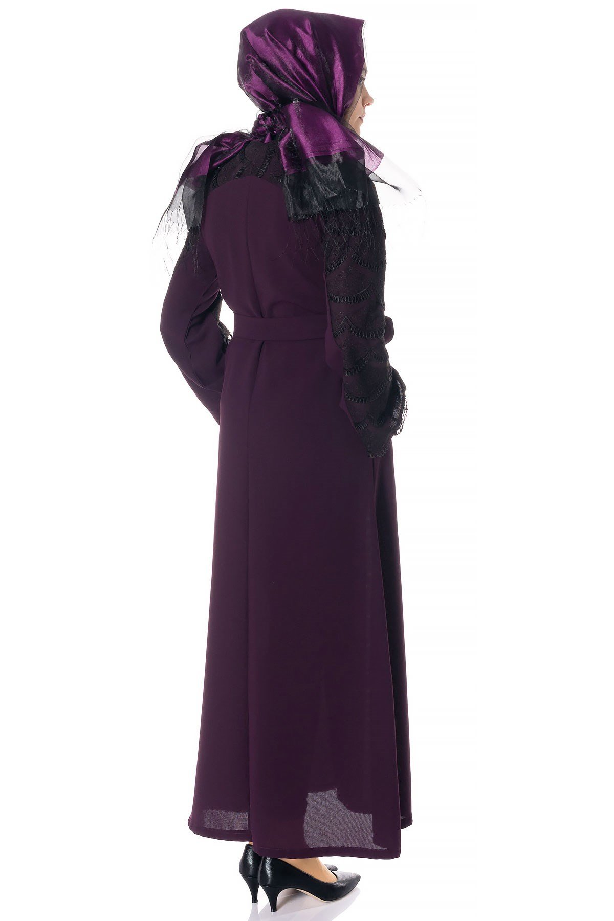 Beyza-عباءة أرجوانية بدانتيل وسحّاب مخفي