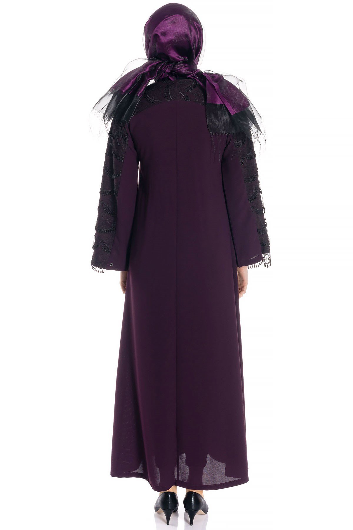 Beyza-عباءة أرجوانية بدانتيل وسحّاب مخفي